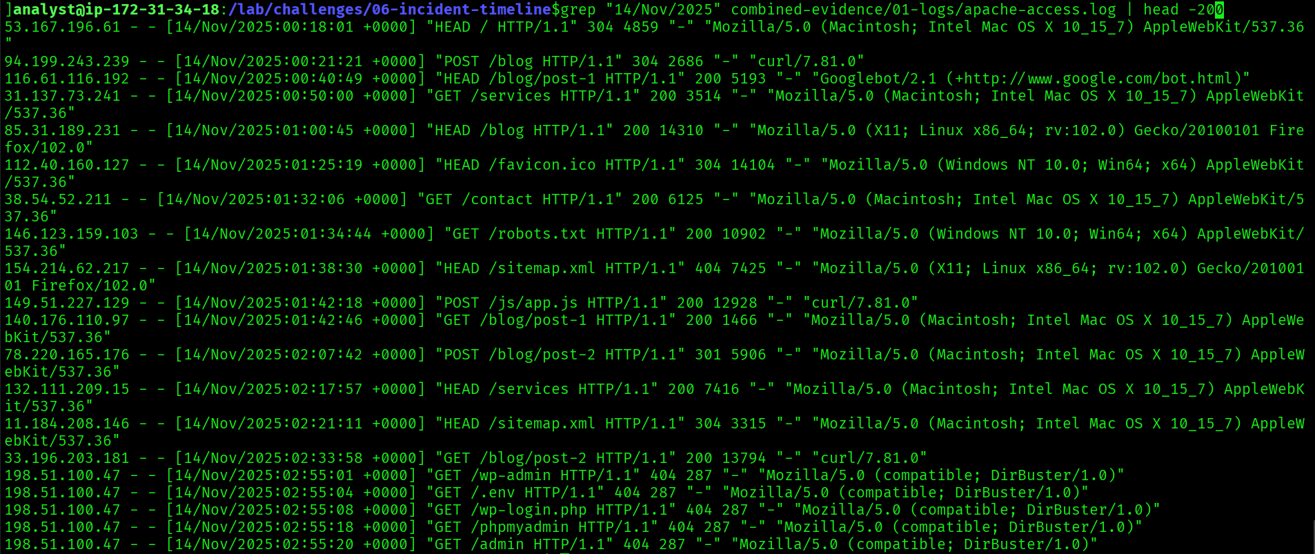 Apache access log filtered to November 14 showing first attacker requests at 02:55:00Z