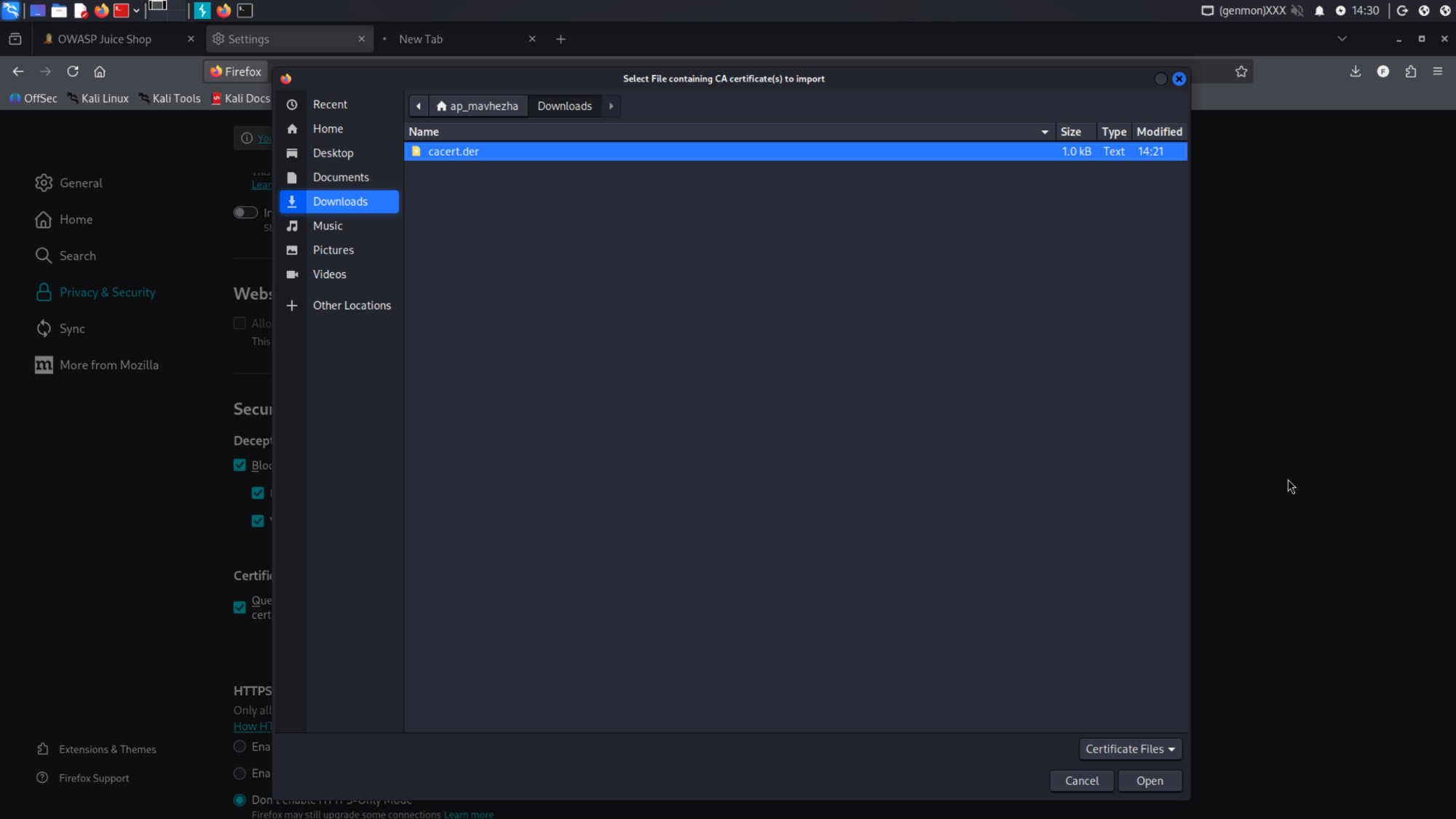 Setup and recon: burp ca certificate import